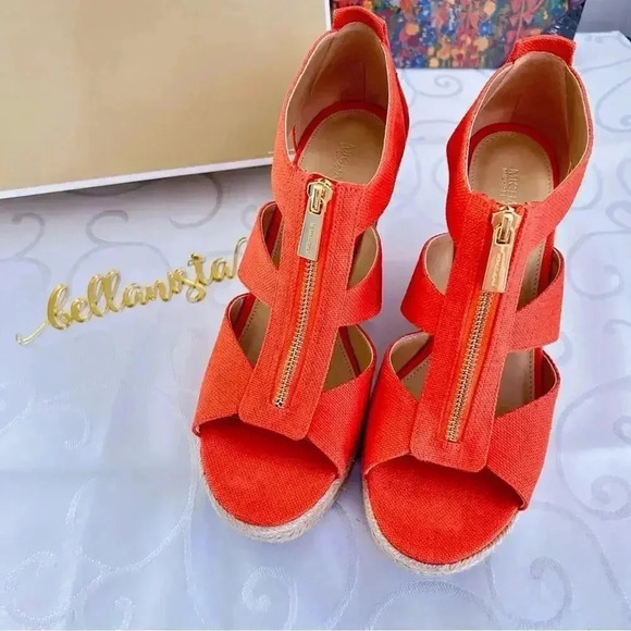 MICHAEL KORS Damita Wedge Platform Linen Espadrille Sandals in Tangerine NIB 9M - Picture 2 of 5